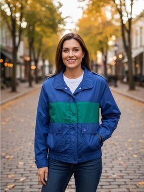 VINTAGE Green & Blue Zip Up Lightweight Short Casual Windbreaker Jacket Coat L